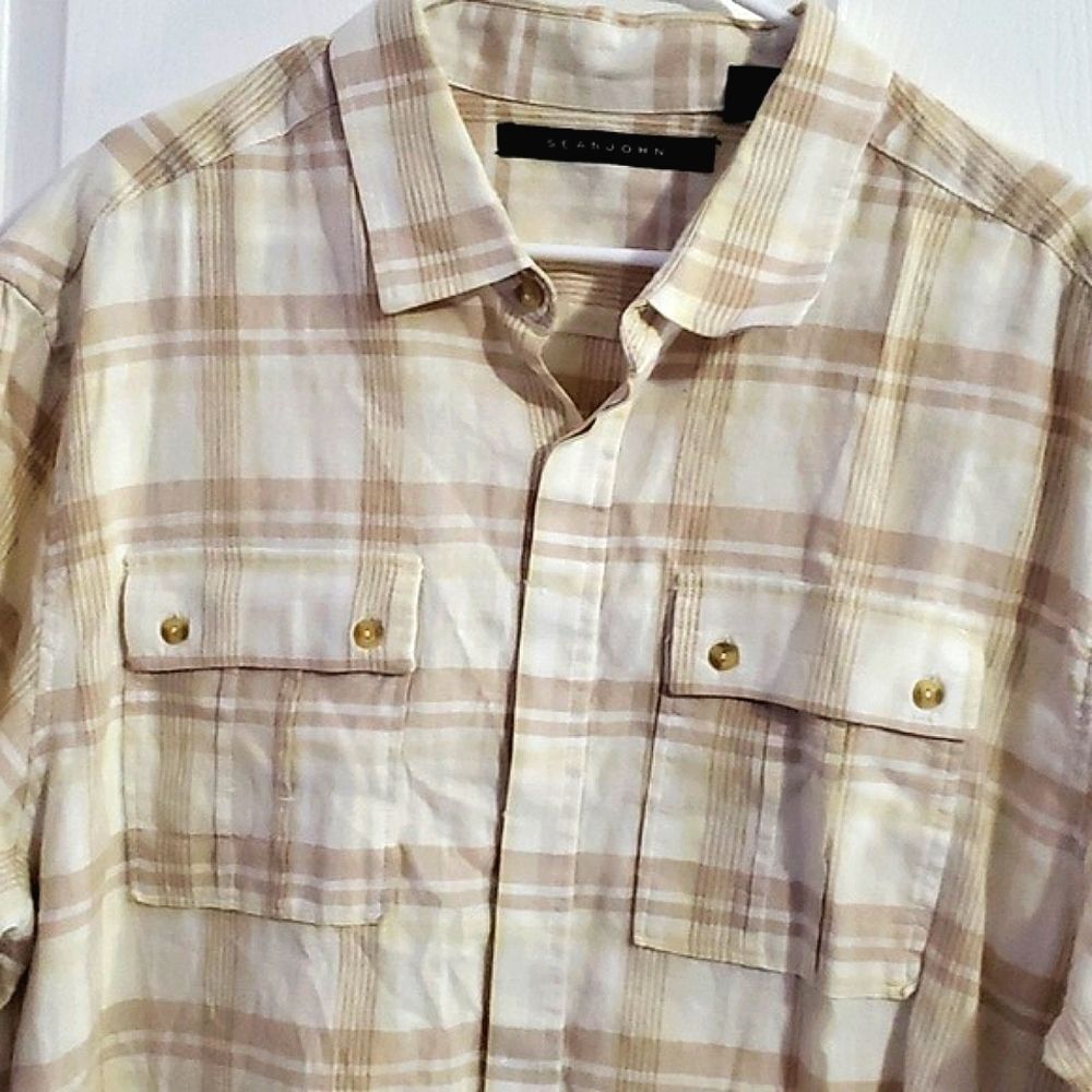 Sean John White & Tan Windowpane Plaid Button Up Shirt Linen Blend Nautical 3XL - Picture 2 of 9